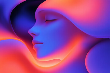 a woman ' s face with a pink and blue background