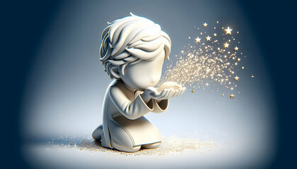 Fototapeta premium 3D Close up portrait of a person blowing glittering stars from their hands copy space below. concept as A detailed portrait capturing a person blowing a handful of glittering stars that scatter into t