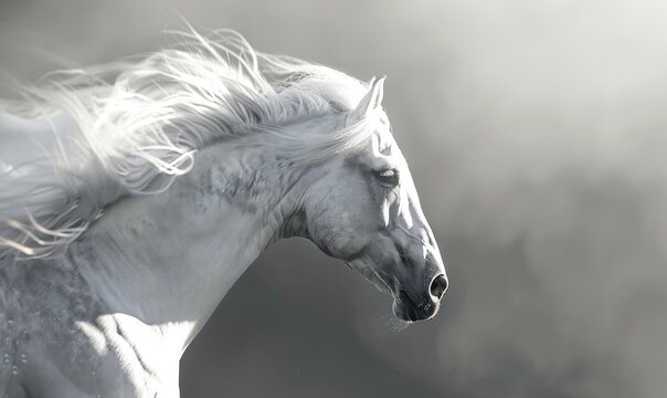The intricate details of a white horse's eye and mane captured in a stunning monochromatic close-up - Powered by Adobe