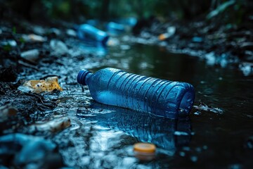 Obraz premium Plastic Bottle Pollution in Natural Stream Highlighting Environmental Impact and Urgency for Conservation Efforts