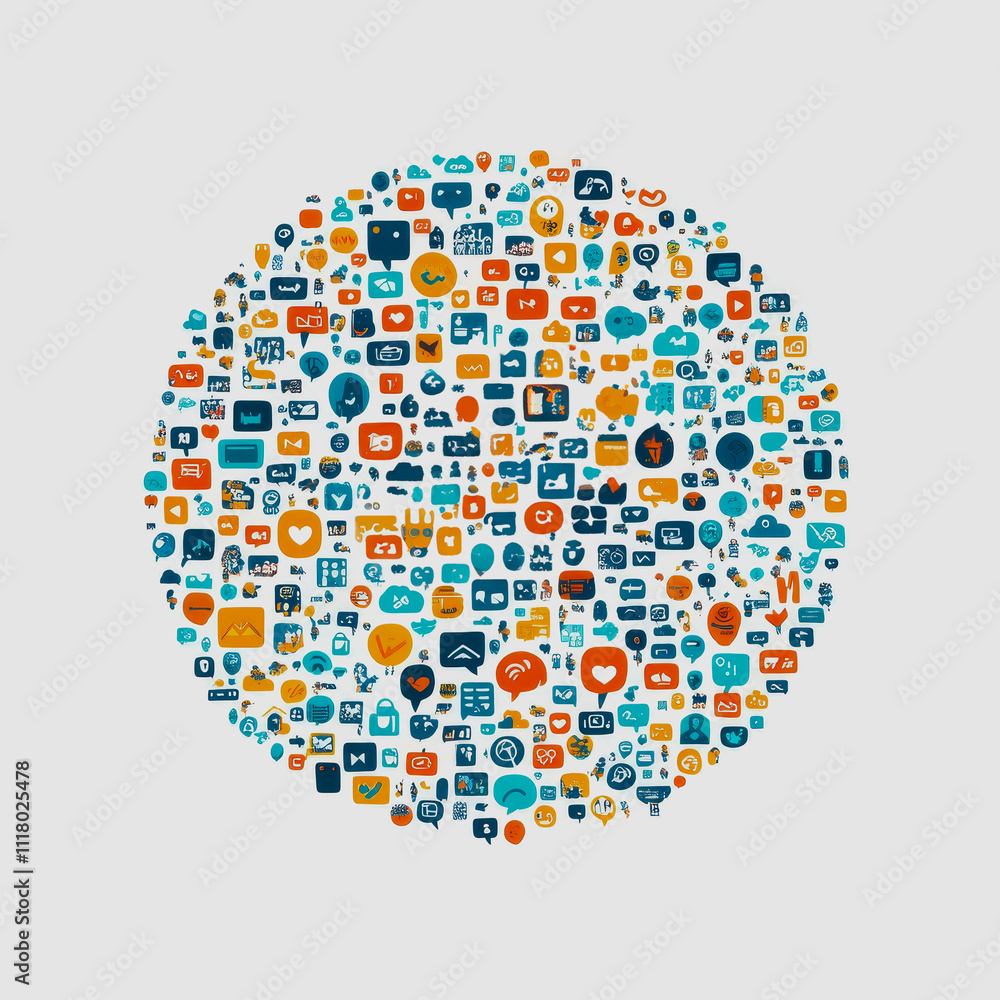 Poster colorful array of social media and communication icons forming a circular shape on a modern gray bac