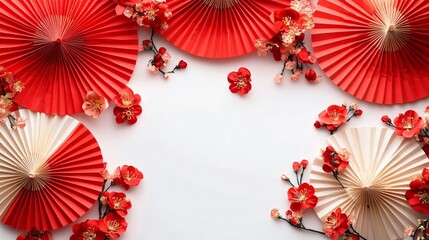 Cheerful arrangement of red paper fans and parasols with flowers, perfect for cultural celebrations like Chinese New Year, events, or festive invitations.