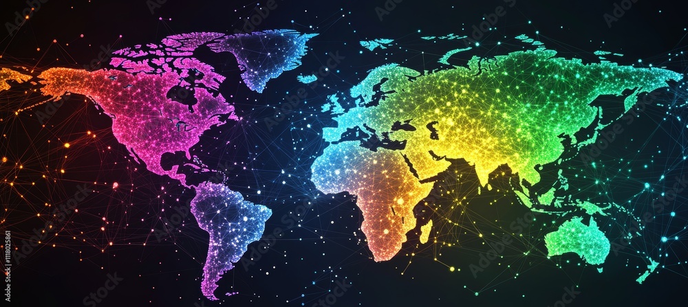 Poster Neon colorful light earth world map. Global earth atlas. Generative AI technology.