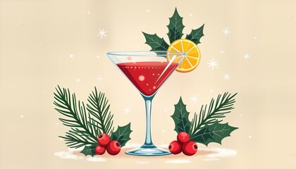 Elegant festive cocktail in martini glass. Winter berries, lemon slice add holiday cheer. Perfect for festive season party new year celebration. Illustration highlights seasonal drink. Christmas