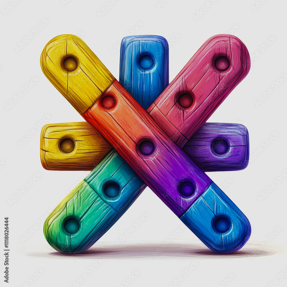 Poster colorful abstract shape made of wood with five vibrant sections featuring circular holes and unique 
