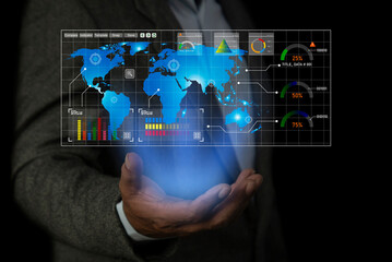 Businessman analyst manages the system database, and analysis data plans, and reports GDP marketing KPI sale. shows a dashboard chart. analytics business concept