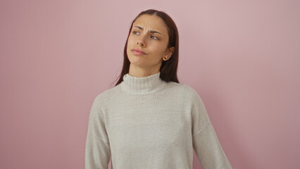 A beautiful young hispanic woman stands isolated against a pink wall, exhibiting a thoughtful and contemplative expression.