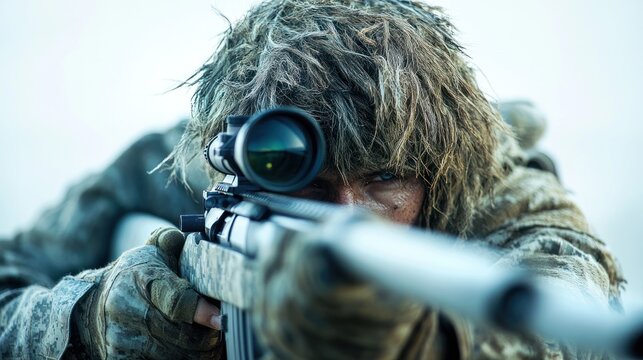 A man in camouflage gear is holding a rifle and looking through a scope