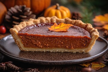 A slice of pumpkin pie garnished with a leaf, set on a textured plate amidst autumn decor.