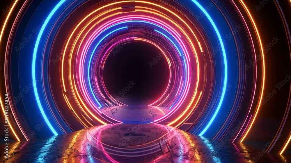 Poster vibrant neon tunnel with colorful light trails creating a futuristic atmosphere for digital and tech