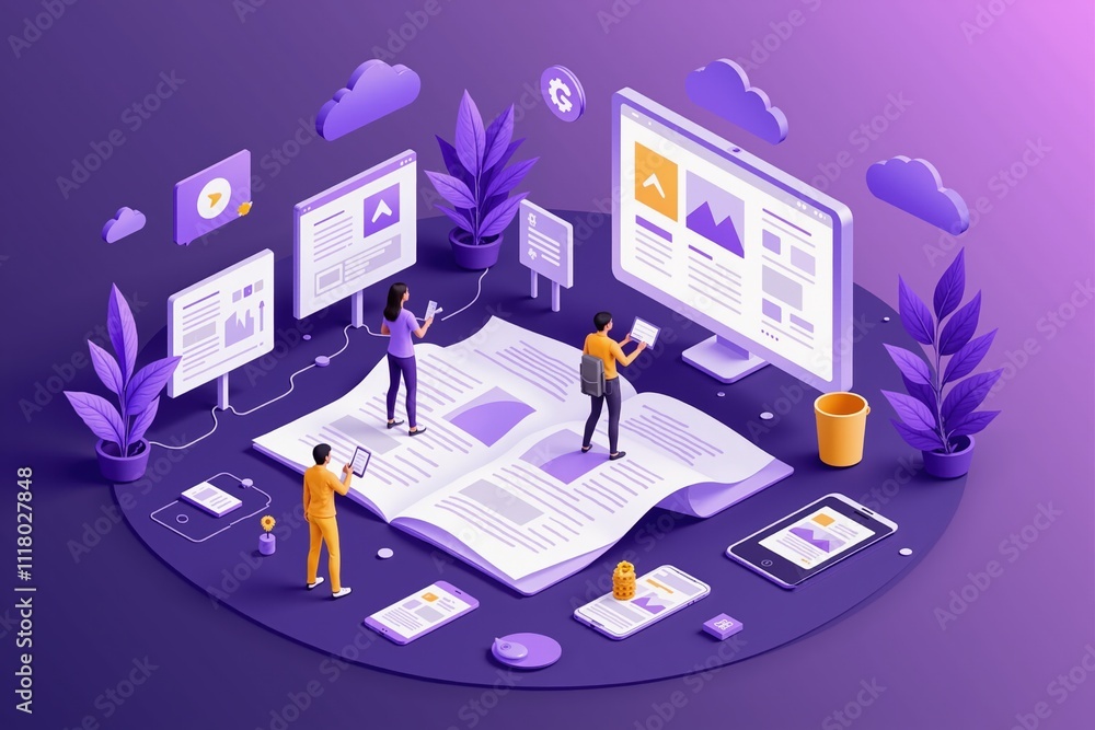 Poster innovative digital workspace concept with team collaboration and technology interfaces