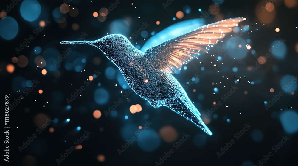 Poster digital hummingbird showcases data flow concept in a futuristic design environment