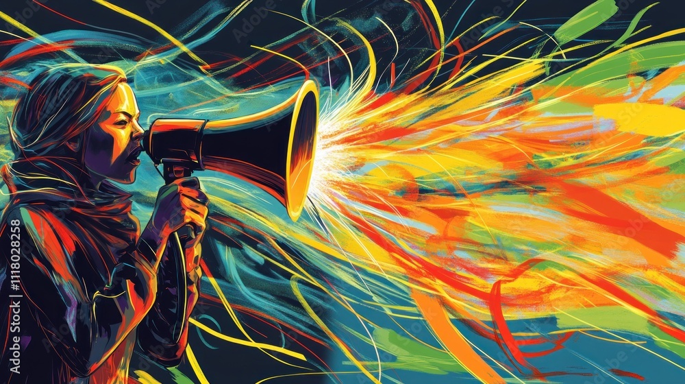 Poster a powerful image of a figure with a megaphone, surrounded by dynamic lines and colors representing t