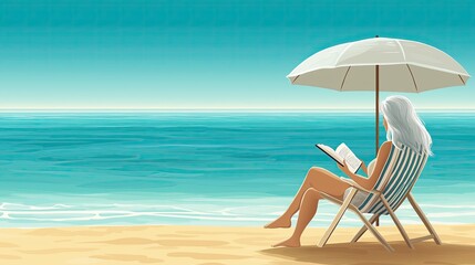 A middle-aged woman with long gray hair, peacefully reading a book by the beach under a sun umbrella.