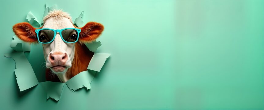 Funny cow with sunglasses peeks out from torn paper. Playful animal style. Creative image with whimsical mood. Cool animal photo. Trendy contemporary theme. Perfect for social media playful design