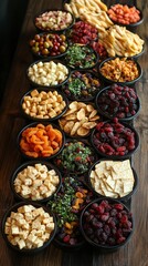Fototapeta premium Assortment of dried fruits and snacks arranged on a wooden table