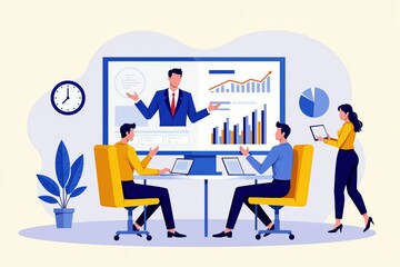 Collaborative team meeting with data presentation and analysis in modern office setting