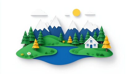 Fototapeta premium A tranquil setting showcasing mountains, a lake, and a cozy cabin.