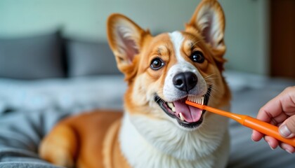 Cute corgi dog happily having teeth brushing at home. Owner gently cleans teeth with toothbrush. Pet health care concept. Indoor setting. Focus on animal portrait.