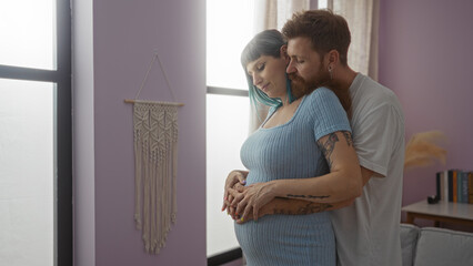 Pregnant woman and man embracing lovingly in a cozy living room, showcasing their family bond and anticipating their baby's arrival