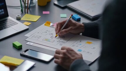 Close-up of hands sketching user interface ideas on paper,