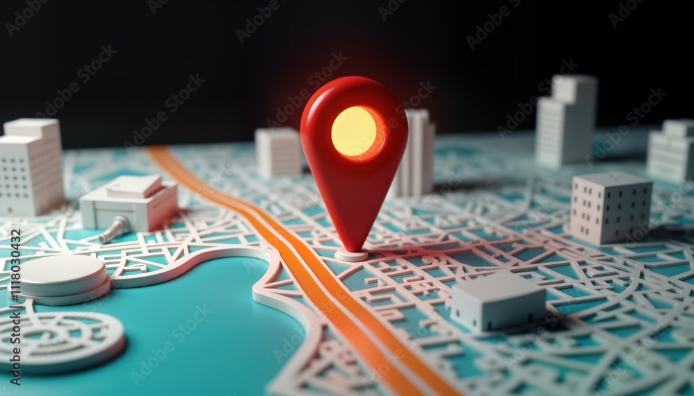 Poster Realistic GPS map pointer highlights location on city map. Navigation concept shows route on detailed urban map. Modern illustration with 3D buildings, roads. Finding destination on map for travel