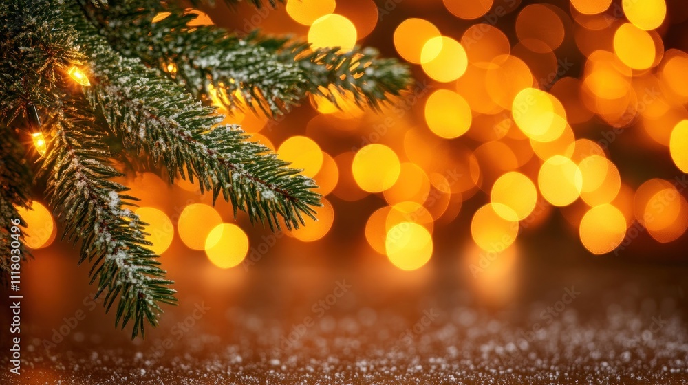 Poster a festive close-up of evergreen branches with warm bokeh lights in the background.