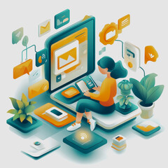 Obraz premium Modern Digital Workspace with Woman Reading on Tablet Surrounded by Plants and Floating Icons Signifying Communication and Creativity