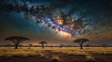 A large tree stands in a field of dry grass under a night sky filled with stars and the Milky Way