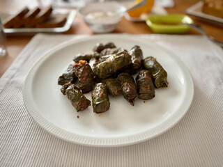 Delicious dolma (sarma) stuffed grape leaves rice, white yogurt sauce. Lebanese dolma sarma on plate.