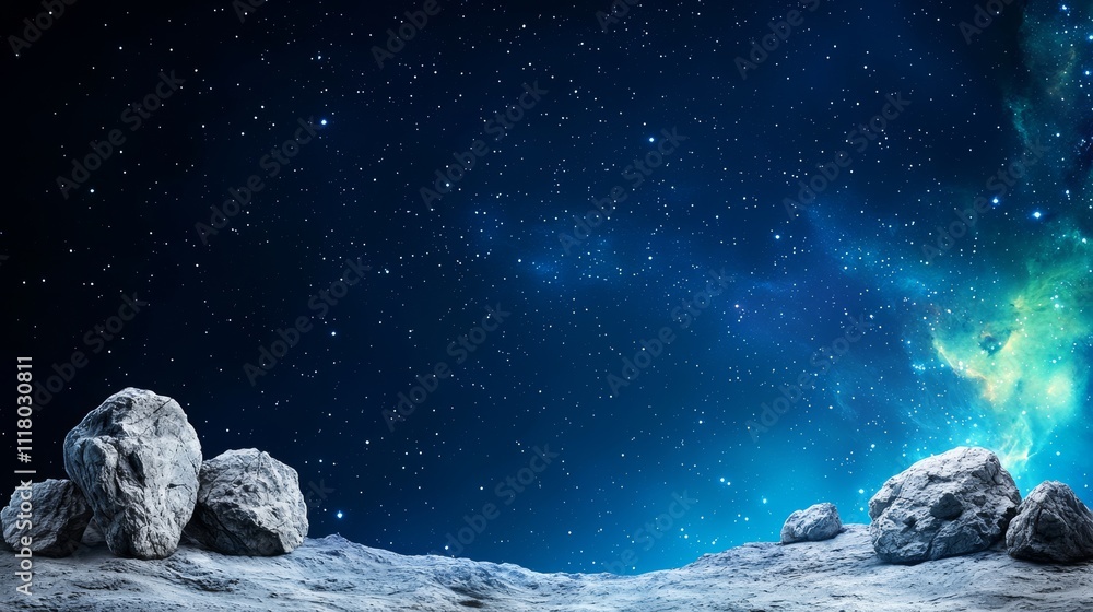 Poster a dynamic celestial scene with swirling colors and a backdrop of stars.
