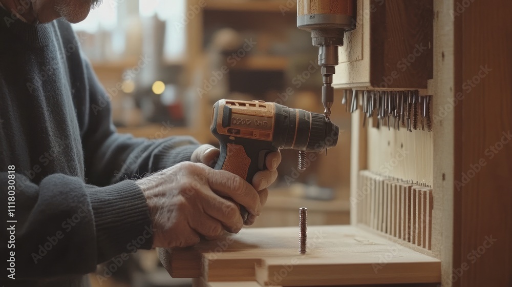 Poster a person using a power drill on a wooden workbench in a workshop setting.