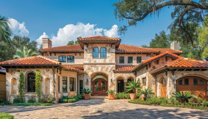 Obraz premium Elegant Mediterranean-style home with lush landscaping and blue skies.