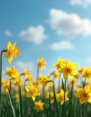 Obraz premium Bright yellow daffodils blossom in field under vibrant blue sky. Springtime freshness, growth evident in flourishing flowers. Sunshine illuminates field of daffodils. Beautiful spring scene of