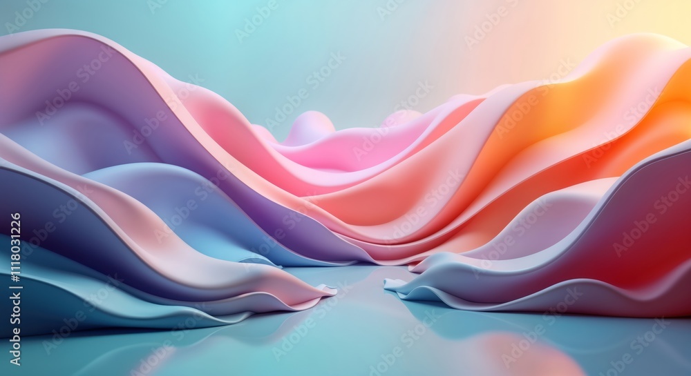 Poster abstract 3d landscape with soft pastel colors. fluid shapes, wavy forms create dynamic scene. colorf