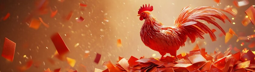 Fototapeta premium Vibrant rooster standing proud amidst colorful confetti.