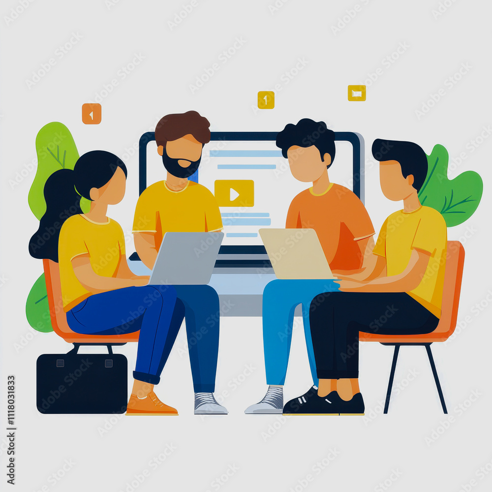 Poster group of diverse individuals engaged in collaborative work on laptops in a modern workspace, surroun