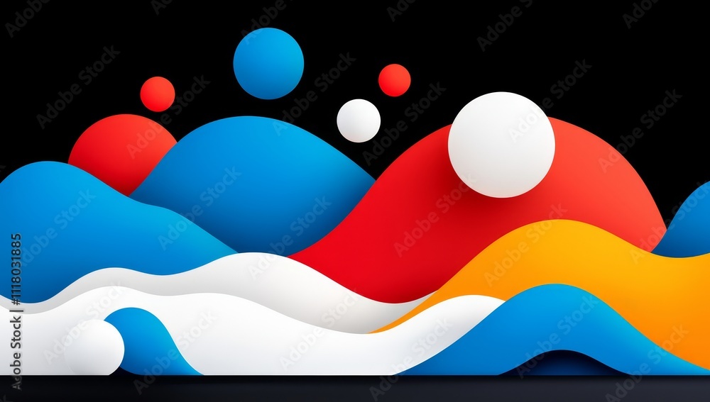 Poster an abstract composition with multicolored shapes on a dark canvas.