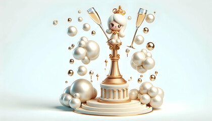 Fototapeta premium 3D Elegant champagne tower with floating bubbles isolated on white background. concept as A sophisticated vector of an elegant champagne tower accompanied by floating bubbles symbolizing luxury and ce