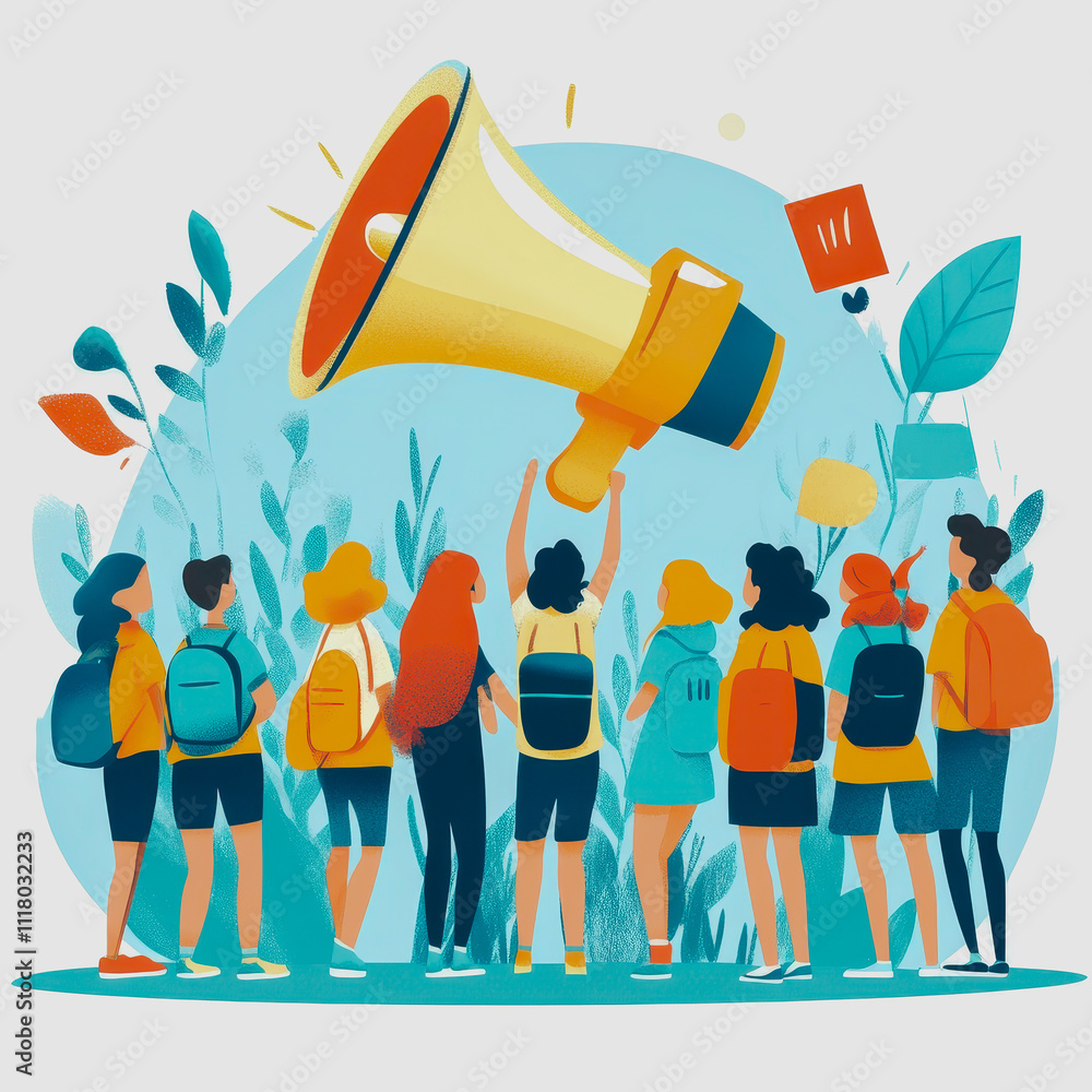 Poster group of diverse people standing in front of amplifier symbolizing communication and advocacy for so