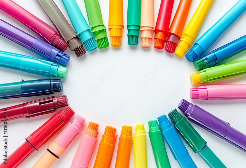 Poster colorful markers arranged in a circular pattern on a bright background