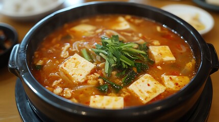 A delicious bowl of spicy tofu soup with fresh vegetables.