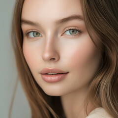 Obraz premium Stilvolles Profilportrait einer jungen Influencerin mit perfektem Make-up, natürlichem Lächeln und moderner Ausstrahlung vor neutralem Hintergrund