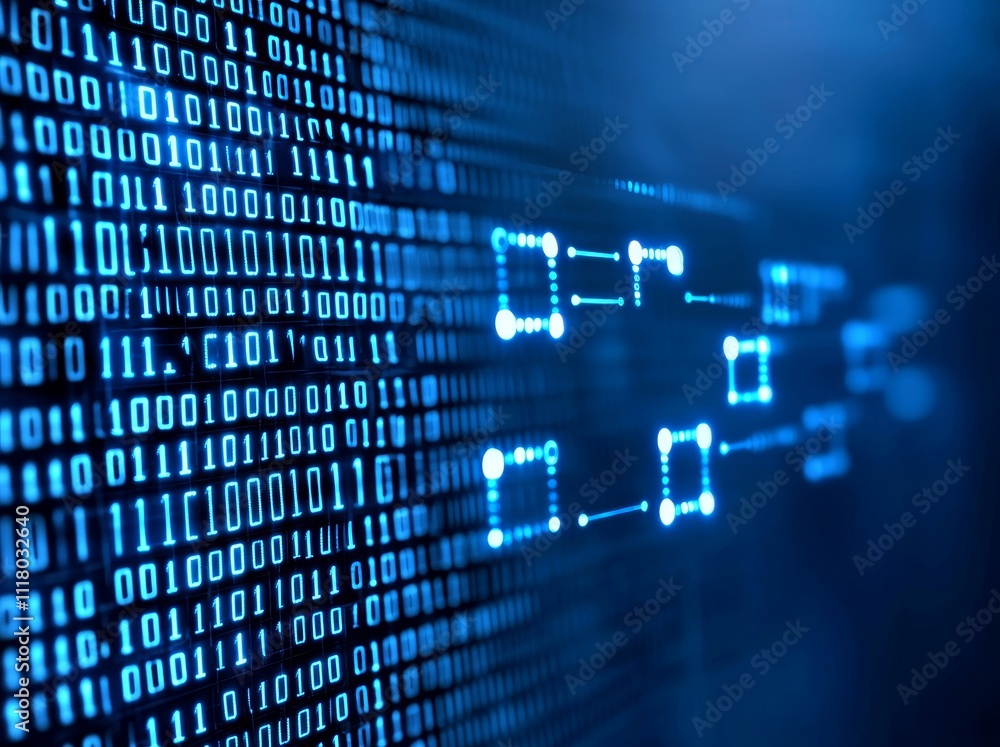 Poster a digital background featuring binary code in shades of blue.