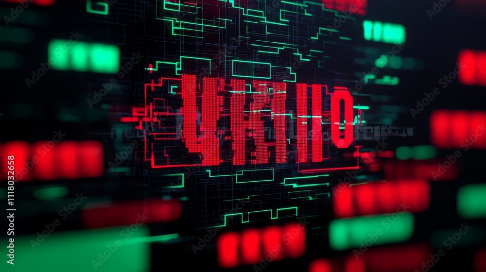 Poster an abstract digital piece showcasing vivid green and red patterns and lines.