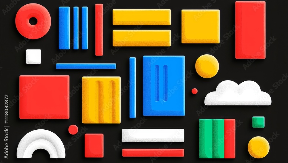 Aufkleber an abstract composition featuring colorful shapes and lines over a dark base.