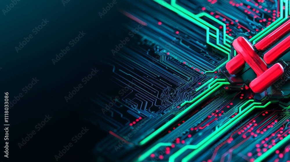 Poster a digital design with abstract vibrant green and red lines and patterns.