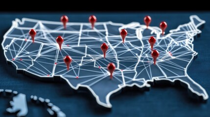 Red pins highlight selected locations on a blue map of the USA, illustrating travel planning and destination choices across the country