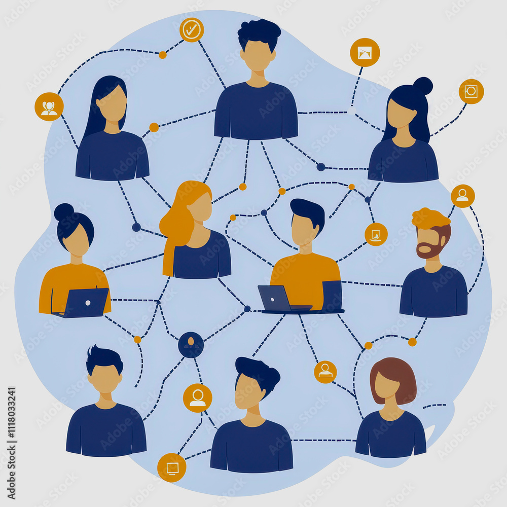 Aufkleber group of diverse characters connecting through digital networks and technology in a modern illustrat