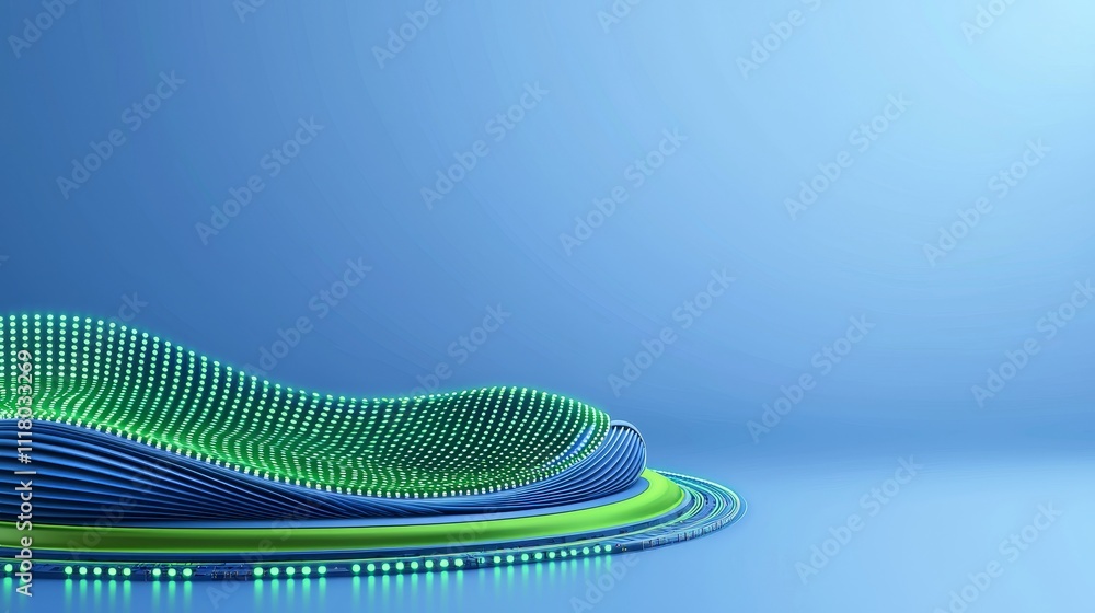 Poster an abstract digital scene featuring luminous elements and grid-like patterns.
